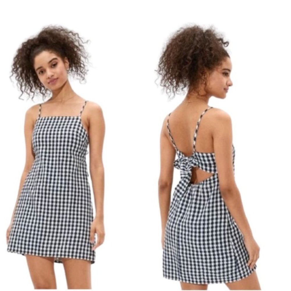 NWT American Eagle Cotton Linen Gingham Check White Navy Tie Back Mini Dress L